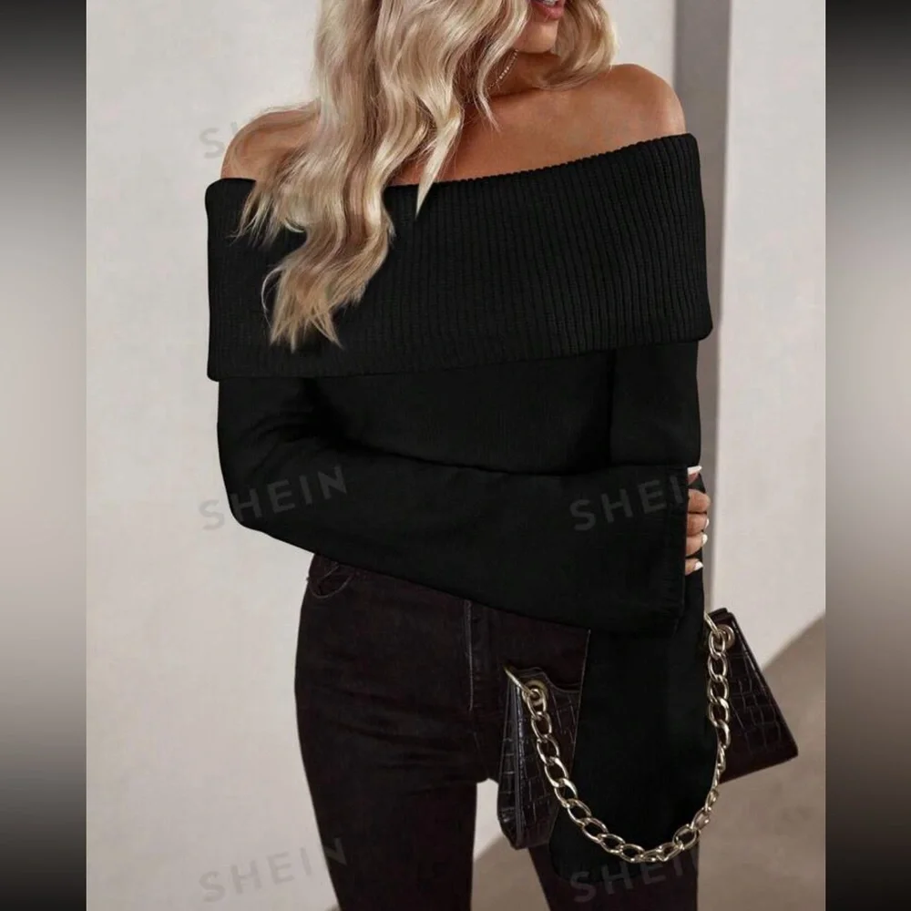 Off Shoulder Foldover Ribbed Knit Sweater - Picture 6 of 8